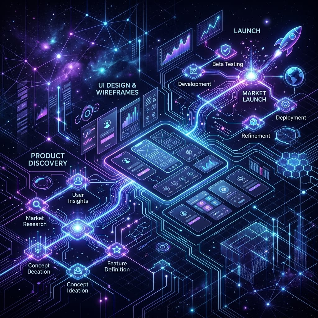 Workflow map showing product discovery, design, and launch stages